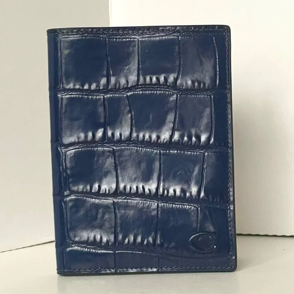 Coach Slim Passport Card Case Navy Blue Croc Leather CW445